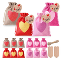 Shappy 16 Packs Valentine's Day Burlap Bag Heart Gift Bags Small Drawstring Wedding Favor Sacks Jewelry Candy Pouches Linen Pockets with DIY Tags Rope for Christmas, Gold, Red, Pink