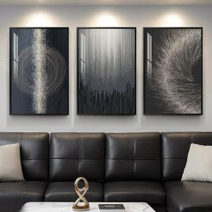 Large Framed Black Silver Modern Abstract Wall Art for Living Room, 3 Piece Elegant Luxury Art Prints Paintings Artwork for Walls, Glitter Pictures for Entryway Dining Room Bedroom Wall Decor 24x36 In