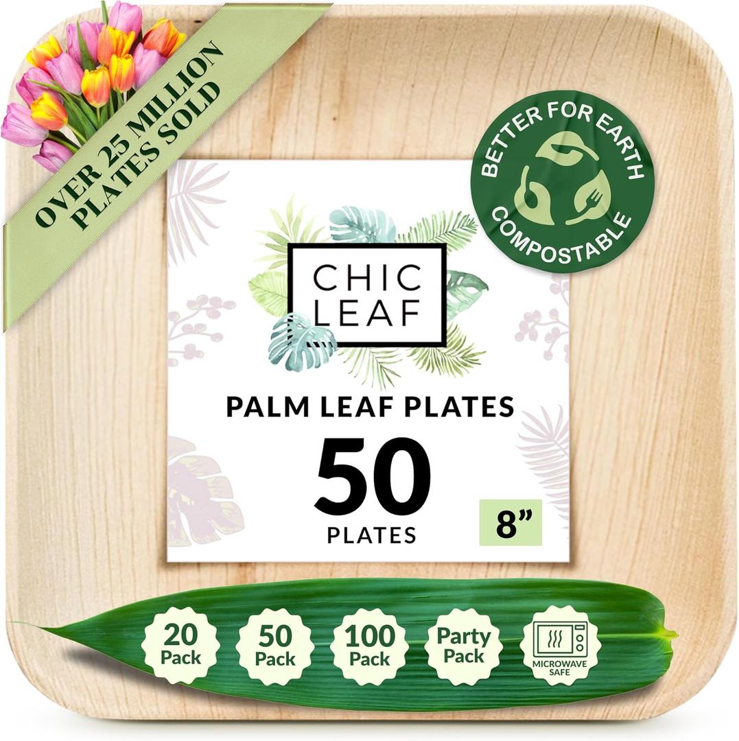 Chic Leaf Palm Leaf Plates Disposable Inch Square Pack Compostable Biodegradable & Eco Friendly Plates - Microwave Safe, Disposable for Party Events or Wedding Decor (50, 8" Pack)