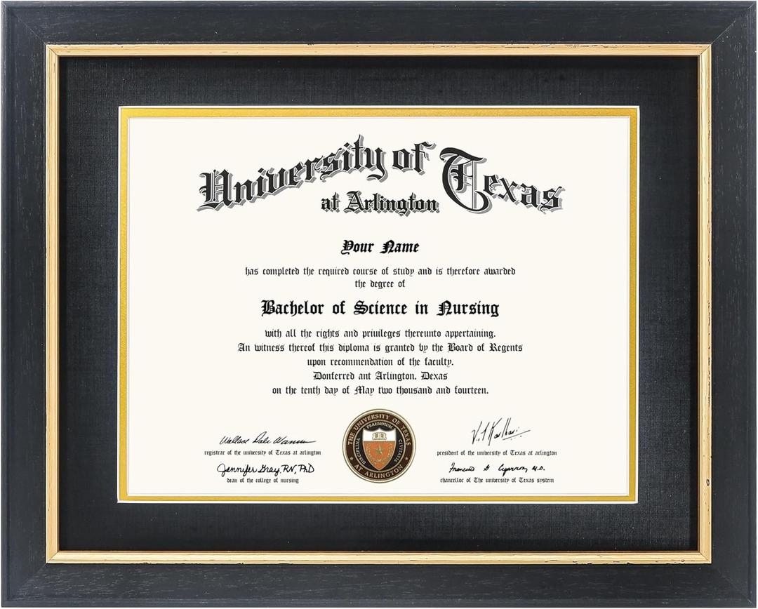 GMFrames 8.5x11 Wood Diploma Frame with Black Mat or Display 11x14 Certificates without Mat,Tempered Glass,Rustic Black Finish with Gold Trim