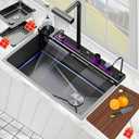 Kitchen Sink, Smart Waterfall Sinks Drop In Workstation with Cup Washer and Pull Down Faucet, 29.5 Inch Stainless Steel Undermount Single Bowl Basin, Household Modern Sinks for RV,Farmhouse,Bar (Black 29.5" X 18" X 9")
