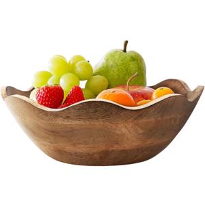 Mother's Day Handmade Large Wooden Bowl Mango Wood Decorative Bowl for Veggies, Fruits Wooden Serving Scalloped Bowl Modern Rustic Home Decorations Home Party Wedding Dcor 12 x 4.5 x 11 Inches
