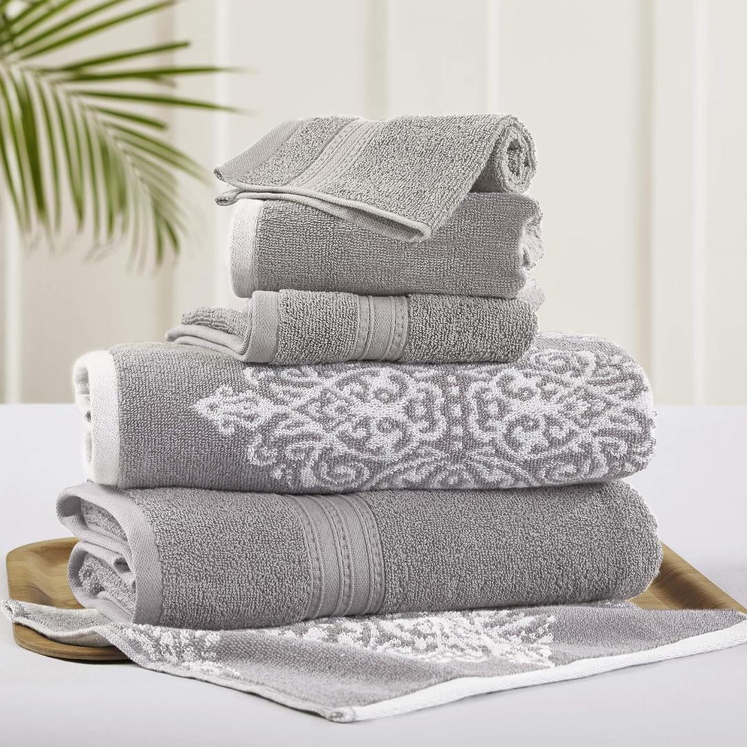Modern Threads 6 Piece Reversible Yarn Dyed Jacquard Towel Set Artesia Damask Gray