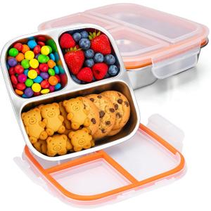 Palksky Snackle Box Container Stainless Steel, 2Pack Reusable Snack Bento Box with Lids, 3 Compartments Metal Food Storage Containers for Picnic, Travel