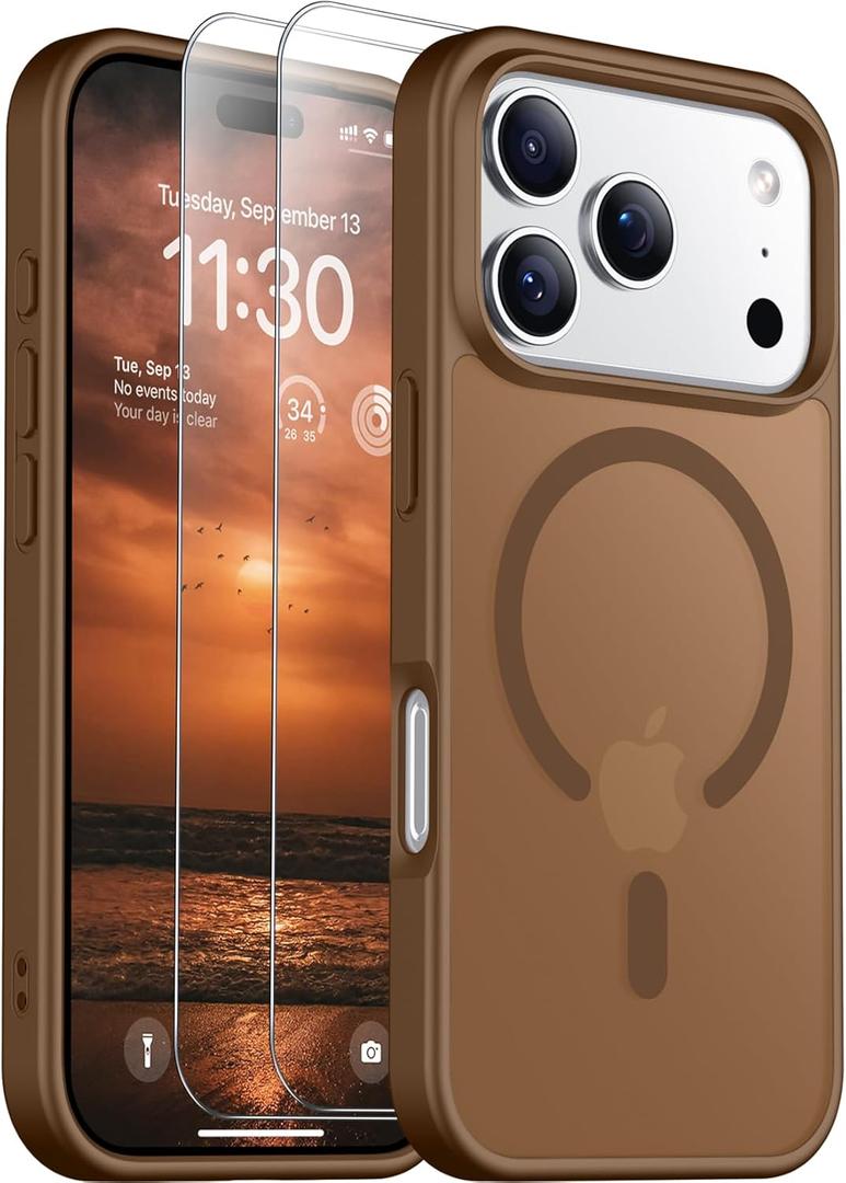 SPIDERCASE Magnetic for iPhone 17 Pro Max Case, Translucent Matte Case with 2PCS Tempered Glass Screen Protector Anti-Scratch Anti-Fingeprint Slim Phone Case for iPhone 17 Pro Max 6.9'',Brown