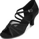 Women's Ballroom Dance Shoes Latin Salsa Dancing Shoes Cross Strap 2.5inch Heel 3inch Heel ZB04 (8.5, Black-2.5 Inch Heel)