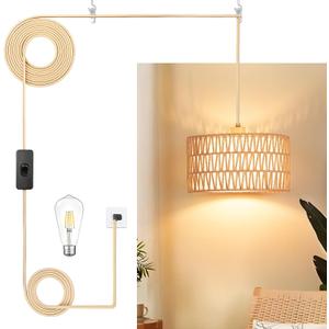 Plug in Pendant Light Rattan Hanging Lamp, Boho Hanging Lights with Paper Woven & Fabric 2 in 1 Shade, 3-Way Dimmable Bulb Included, Ceiling Light Fixture for Living Room, Bedroom, Farmhouse