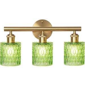 Bathroom Vanity Light, Gold Wall Fixture Over Mirror, Green Glass Shade Lighting with Bulbs Included for Bedroom & Living Room,3-Lights