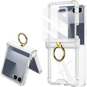 for Samsung Galaxy Z Flip 7 Clear Case Hinge Protection with Ring Holder & Screen Protector Soft All-Inclusive Shockproof Cover for Samsung Galaxy Z Flip 7 (Full Clear)