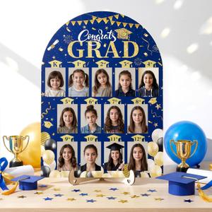 Leinuosen 2026 Graduation Photo Display Kindergarten to 12th Grade Photo Display 12 x 17 Inch School Years Wood Picture Board for Senior High School Graduation Decoration, 2 x 3 Pictures(Blue Gold)