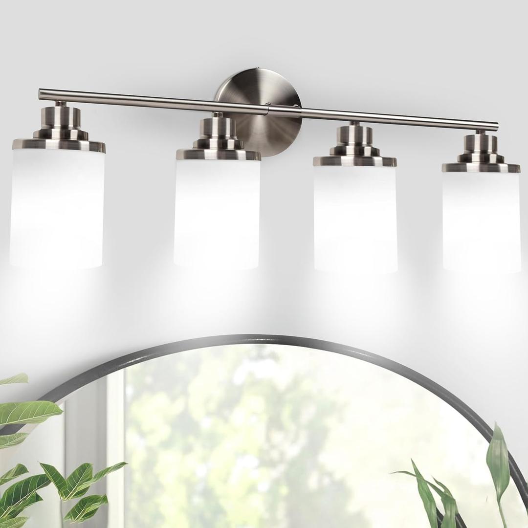 Holim Modern Brushed Nickel Bathroom Light Fixtures Over Mirror, 4-Light Vanity Lights for Bathroom, Vanity Light, Milky White Glass Shades, Wall Sconces, E26 Socket (Bulbs Not Included)