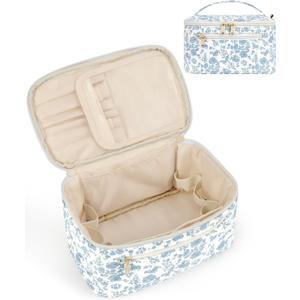 Wandering Nature Makeup Bag, Travel Make Up Organizer Cosmetic Brush Bags Case for Women in Quilted Fabric, Blue Flower, Patent Pending (Medium)