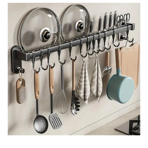 Adhesive Wall Mounted Pot Pan Rack, Kitchen Wall Mounted Detachable Pan Lid Utensils Organizer Hanging Rail with 8 Hooks for Kitchen Bathroom Bedroom,17.7''