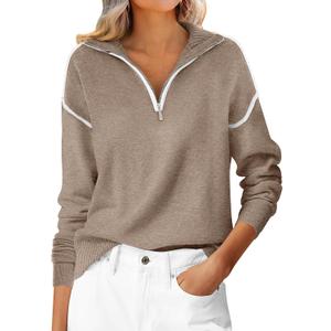 ANRABESS Womens Quarter Zip Sweaters Fall Long Sleeve V Neck Shirts Collared Business Casual Tops Knit Pullover Sweatshirts (L)