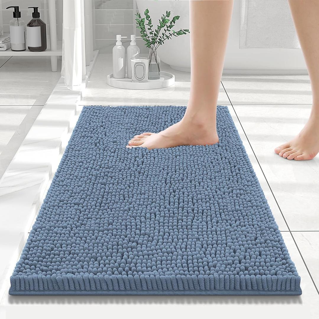 Smiry Luxury Chenille Bathroom Rugs 24x16, Extra Soft and Absorbent Shaggy Bath Mat, Machine Washable, Non-Slip Plush Carpet Runner for Tub, Shower, and Floor, Home Decor Accessories, Grayish Blue