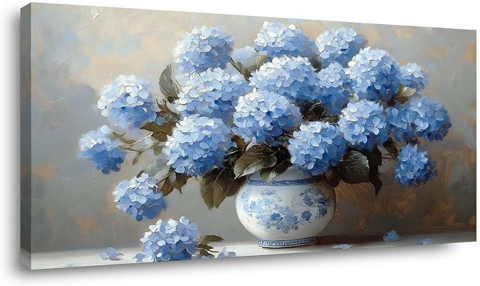 Blue Hydrangea Canvas Wall Art Floral Chinoiserie Vase Painting Flat Print Gallery Wrapped Classic Elegance Artwork for Living Room Bedroom Bathroom Decor, 40X20 INCH