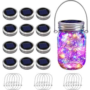 VOOKRY 12 Pack Solar Mason Jar Lights, 30 LED Mason Jar Lids Waterproof Firefly Fairy String Lights with 12 Hangers(No Jars), for Outdoor Patio Garden Yard Lawn Party Wedding Decoration - Multicolor