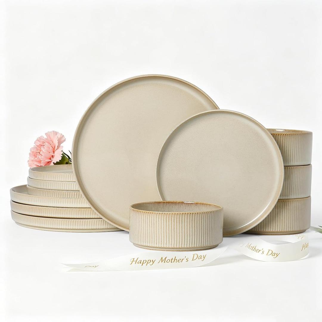 Stoneware Dinnerware Sets, Plates and Bowls Sets for 4, 12-Piece Ribbed Dishes Chip & Scratch Resistant, Microwave and Dishwasher Safe Tableware, Beige