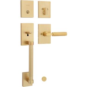 Kwikset Prava Front Door Lock Handle and Deadbolt Set, Entry Handleset Exterior with Interior Reversible Lever, Satin Brass, Pick Resistant SmartKey Rekey Deadbolt Security, with Microban Protection