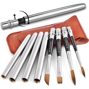 Sable Travel Watercolor Brushes, Fuumuui 4pcs Kolinsky Sable Watercolor Travel Brushes with Leather Pouch - Fine Point Rounds Dagger Flat for Watercolor Gouache Ink Painting