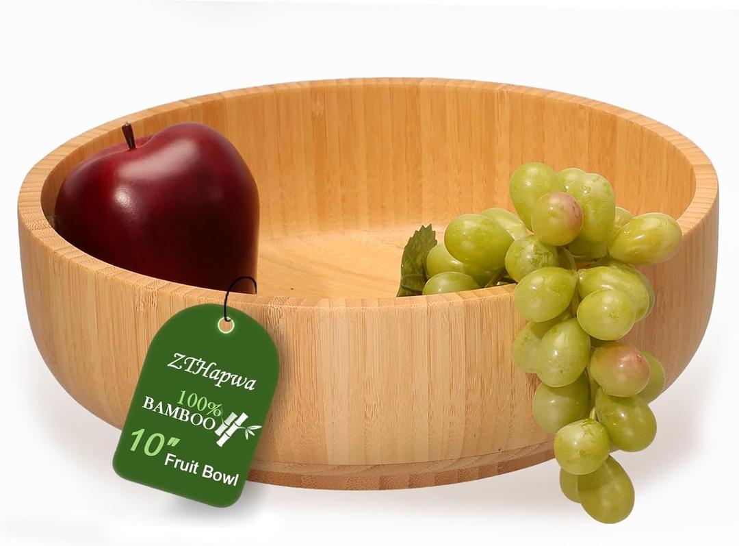 Large Fruit Bowl for Kitchen Counter, 10 Inch Bamboo Wooden Straight-Side Serving Bowl for Salad, Vegetables and Fruits, Rustic Decorative Bowls for Dinner Table Centerpiece Decor, 100 Oz