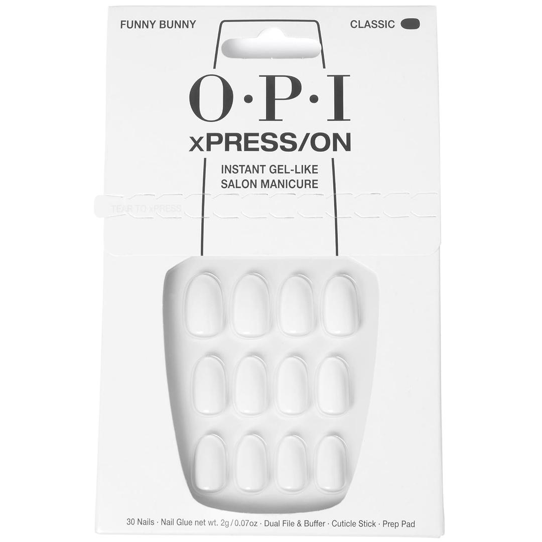 OPI xPRESS/ON Press on Nails | Short Round Classic, Long Almond & Coffin Shape Press-On Professional Nail Art Kit (Funny Bunny | Soft White)