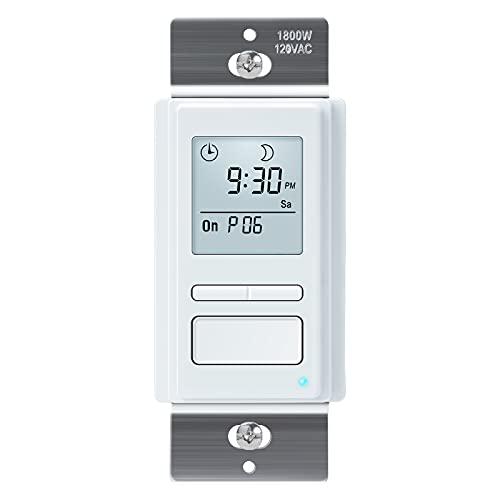 Toolhome 7 Day Programmable In-Wall Timer Switch Automatically Turns Lights and Fans On/Off at Sunrise/Sunset, Neutral Wire Required