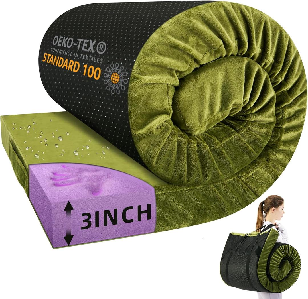 BDEUS Memory Foam Camping Mattress Pad 3inch Waterproof Roll Up Bed Sleeping Mat for Adults Portable Roll Up Mattress for Travel Guest Floor Bed Cot Mattress for Car, Tent (Green)