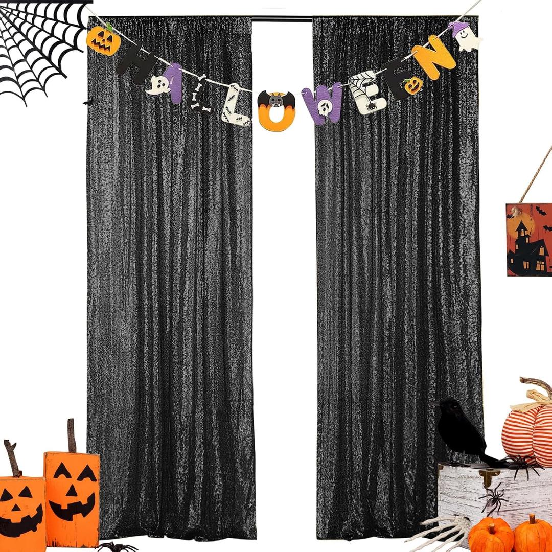 Hahuho Black Sequin Backdrop Curtain, 2PCS 2FTx8FT Glitter Backdrop Curtain for Parties, Christmas, Wedding, Party Decoration2 Panels, 2FT x 8FT, Black