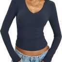 EasyGala Womens Cotton Long Sleeve Shirts V Neck Fitted Tops Basic Tees Going Out Outfits 2026 Fall Spring (Large)