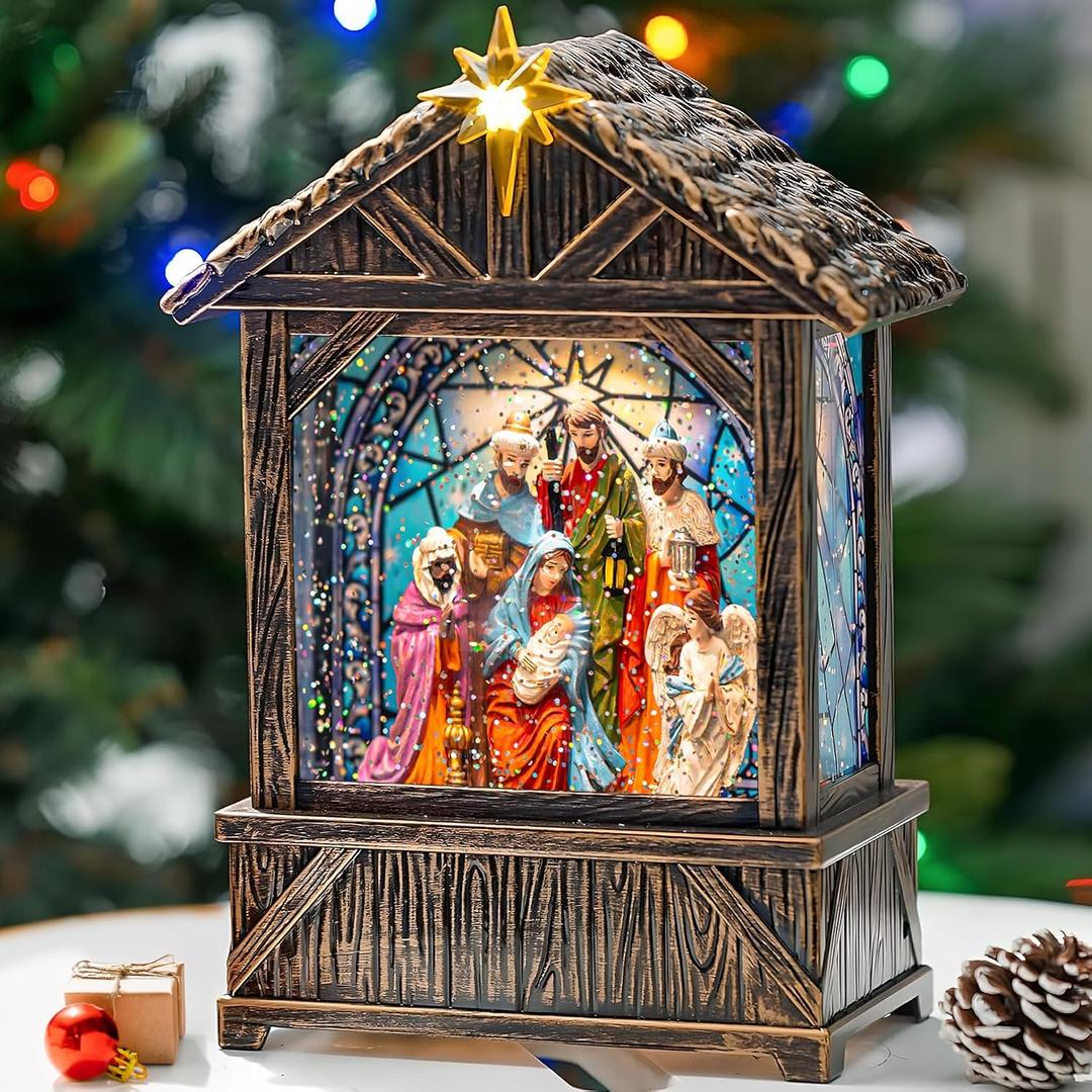 Nativity with Star Musical Lighted Water Creche with Swirling Glitter, Christmas Snow Globe Adoration of The Magi Nativity Manger Scene, Holiday Decorations Gifts for Family, Children or Friends