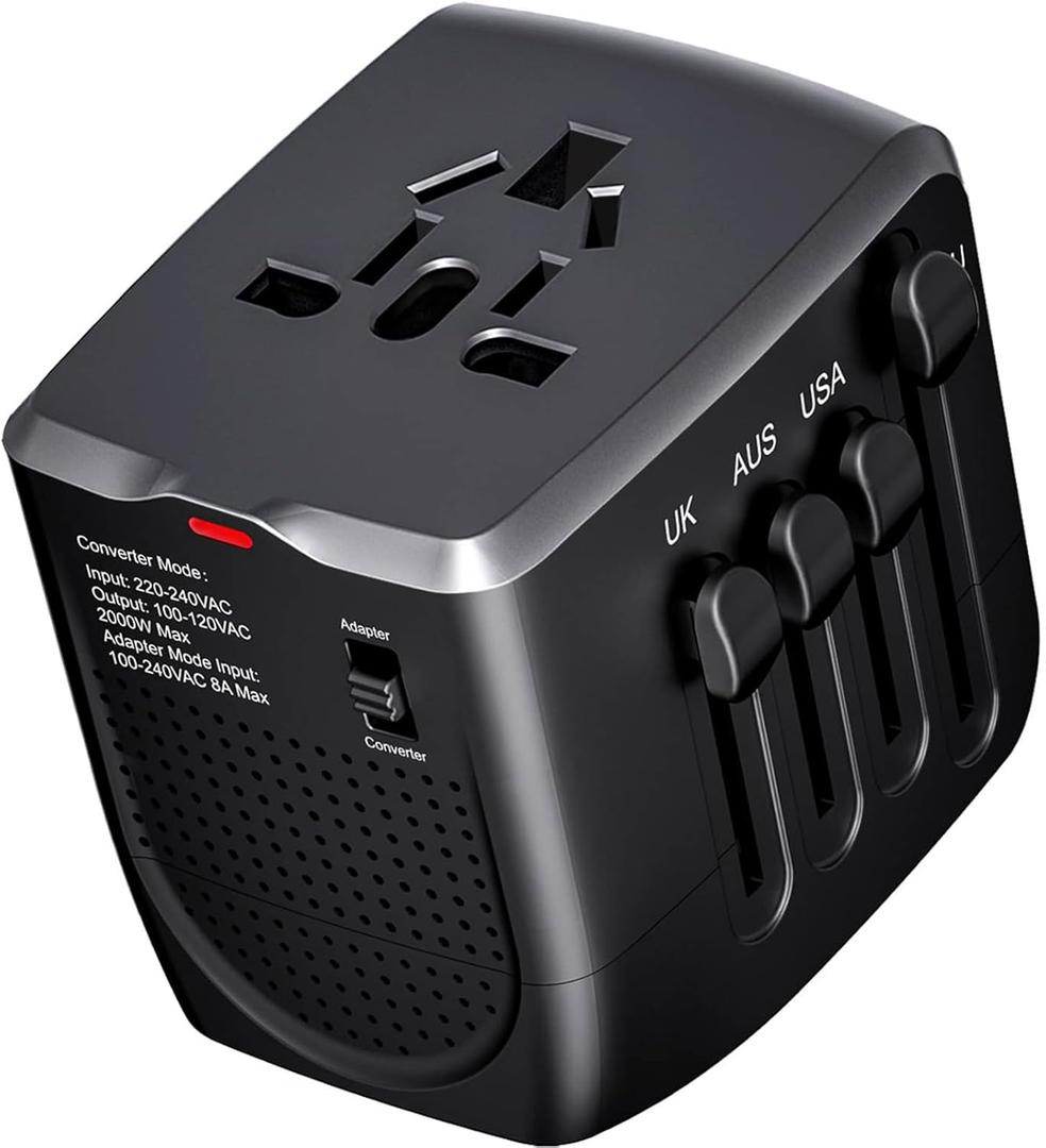 International Travel Adapter Voltage Converter Steps Down 220V to 110V for Cell Phones, Laptops, and Curling Irons, US to UK, Europe, Australia, and More Than 200 Countries (Black)