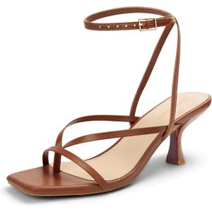 Women's Kitten Heel Strappy Open Square Toe Thong Ankle Strap Heels for Wedding (7, Brown Pu)