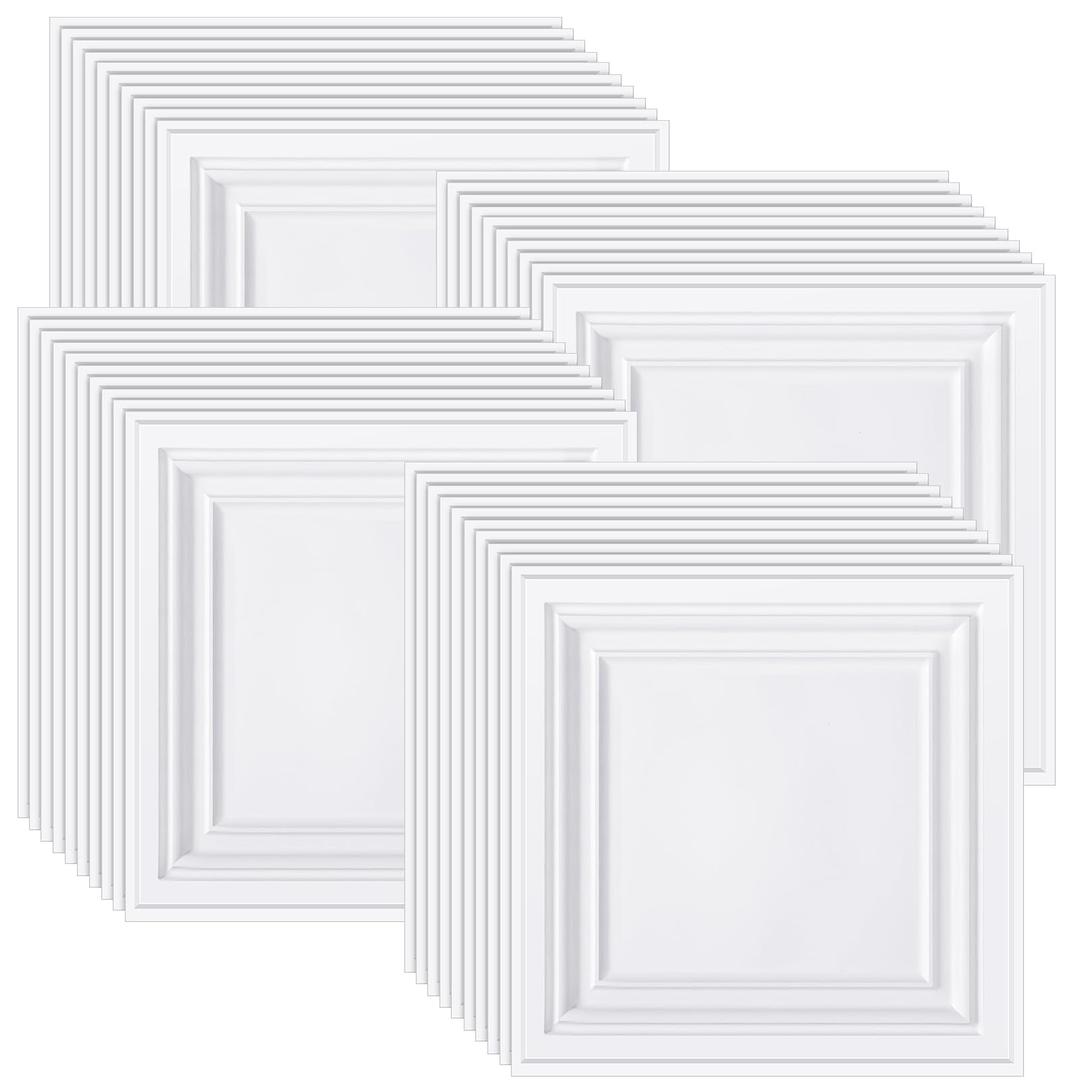 Landical 50 Pcs White 2 x 2 ft PVC Plastic Drop Ceiling Tiles 24 x 24 x 0.8 Inch Ceiling Panels Decorative Cover for Office Bathroom Living Room Bedroom