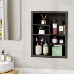 Stainless Steel Recessed Medicine Cabinet 14 * 18, Rust-proof Metal Wall Niche, In Wall Shower Niche Shelf Insert Replacement, Recessed Medicine Cabinets for Drywall, with 4 Compartments, Black