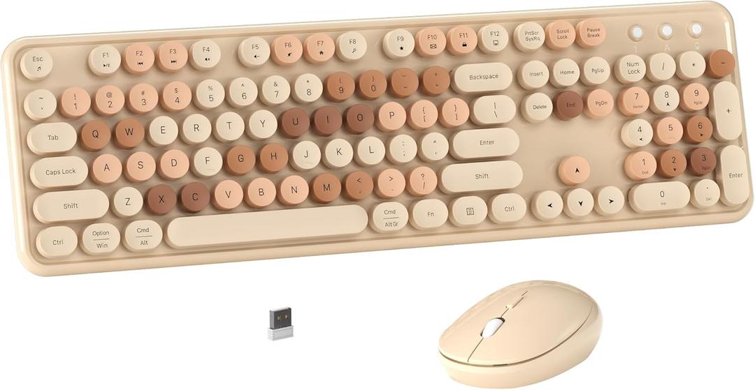 MPTOG Colorful Wireless Computer Keyboard and Mouse Combo with Round Typewriter Keycaps, Retro Design, Power Switch, Ergonomic Design, 2.4GHz Wireless for Windows, Mac, PC(Milk-Tea Colorful)