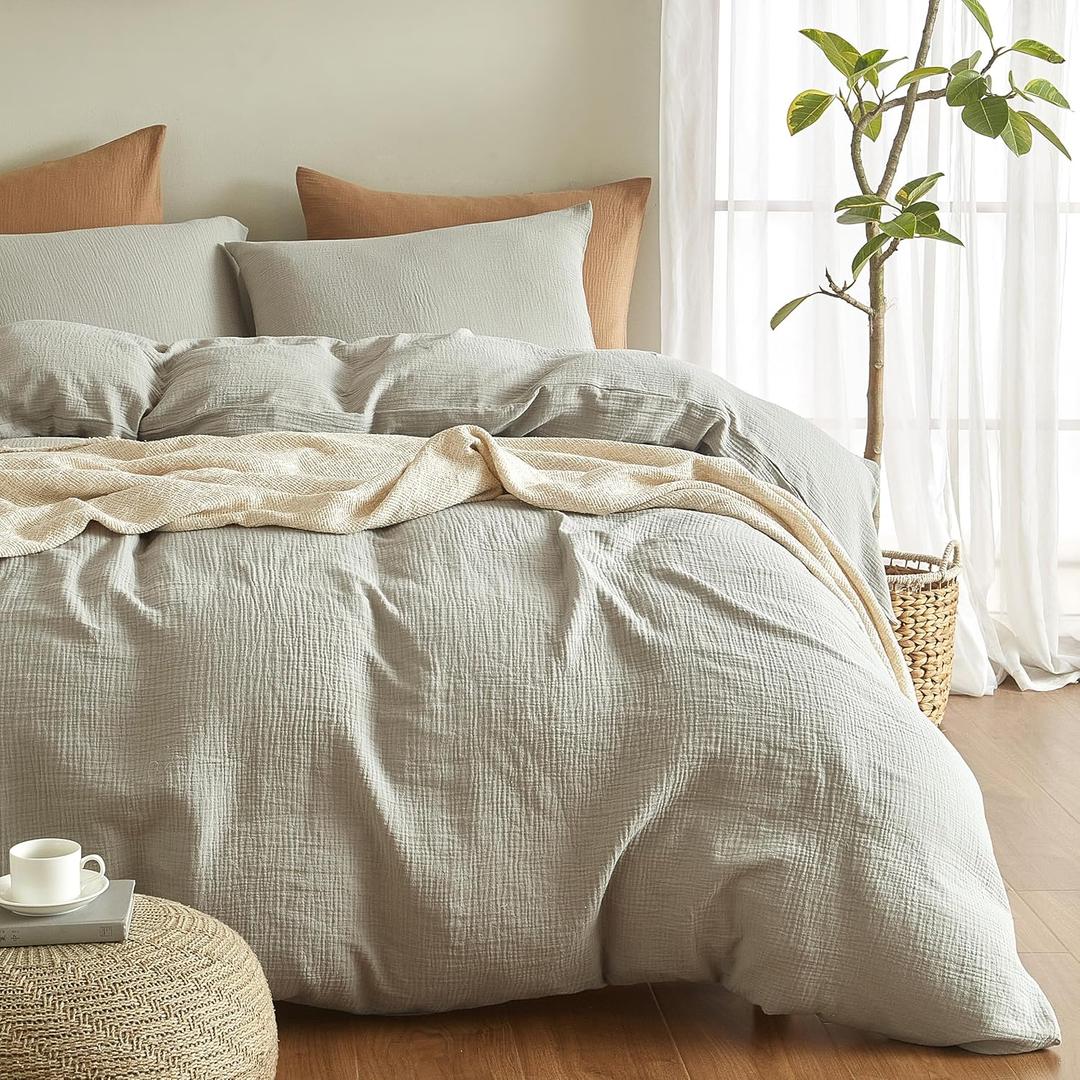 SE SOFTEXLY Muslin Duvet Cover Queen Size, 100% Washed Cotton Duvet Cover Set, Ultra Soft Comforter Cover Linen Like, 3 Pieces Minimalist Gauze Duvet Cover with 2 Pillowcases, 90"x90", Smoky-Green
