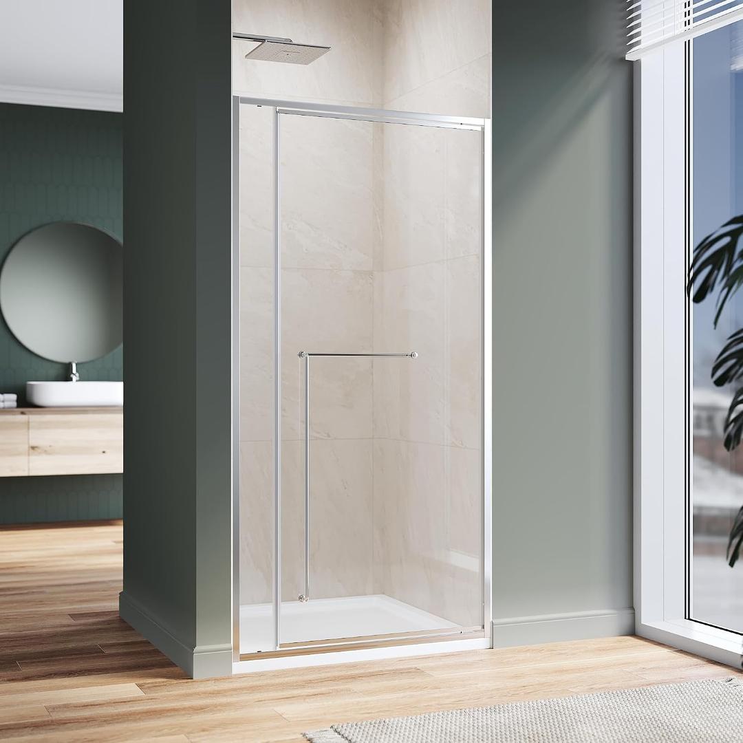Pivot Swing Shower Door 40 in.D x 72 in. H| Shower Door with 1/4 in. Clear Tempered Glass| Pivot Shower Door | Silver (Shower Base Not Included)