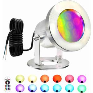 LED Pond Lights with Remote Control, 6W SS316 Stainless Steel RGB Underwater Fountain Light IP68 Waterproof Outdoor Underwater Lights for Pond Waterfall (1)