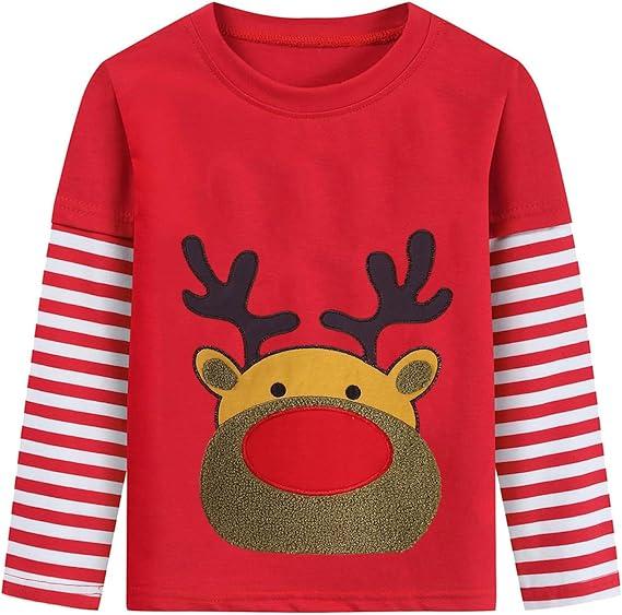 Toddler Boys Girls Christmas Shirts Red White Stripe Long Sleeve Tees Kids Reindeer T-Shirt Ugly Xmas Clothes Tops 2Y