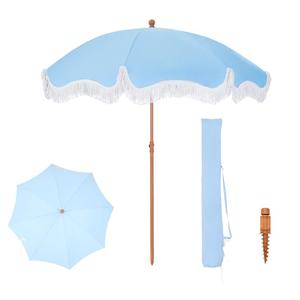 PHI VILLA 7ft Beach Umbrella with Fringe & Sand Anchor, Outdoor Patio Heavy Duty Windproof Portable Tassel Umbrellas for Sand with Push Button Tilt & Carrying Bag, UPF 50+, Light Blue (No Base)