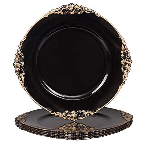 MAONAME Black Charger Plates with Gold Rim, Round Antique Plate Chargers for Dinner Plates, 13" Plastic Charger for Wedding Table Setting, Set of 5