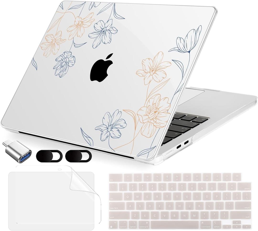 MecBevia Compatible with 2026 M5 MacBook Air 13 inch Case 2026 2025 2024-2022 M5 A3449 M4 A3240 M3 A3113 M2 A2681, Keyboard Cover, Screen Protector, Webcam Cover & Type-C OTG, Engraved Floral