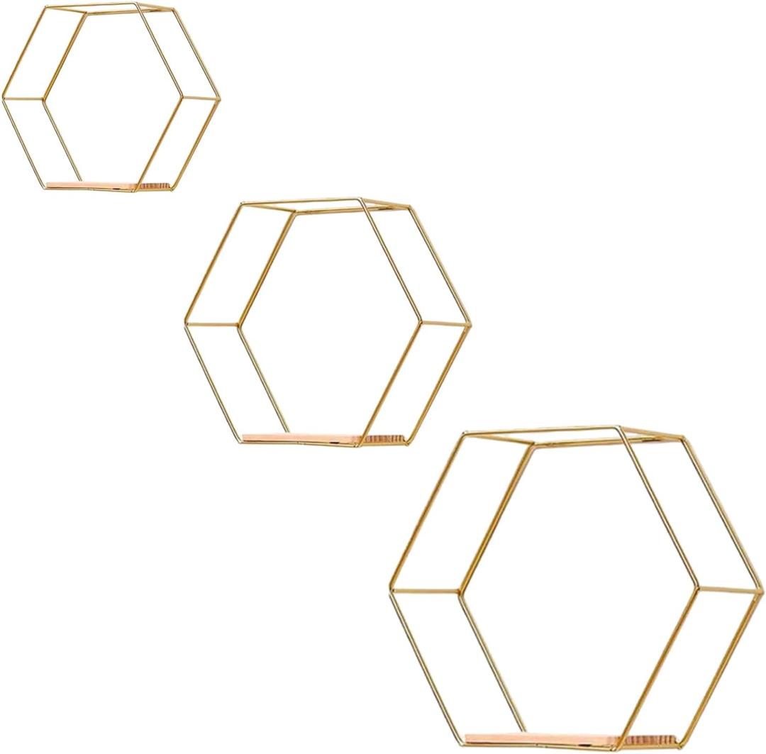 Gold Floating Wall Shelves Set of 3,Metal Hexagon Shelving Geometric Wall Mounted Design for Living Room, Bedroom, Kitchen & Office Decor, Easy Install Modern Display Shelves with Golden Finish