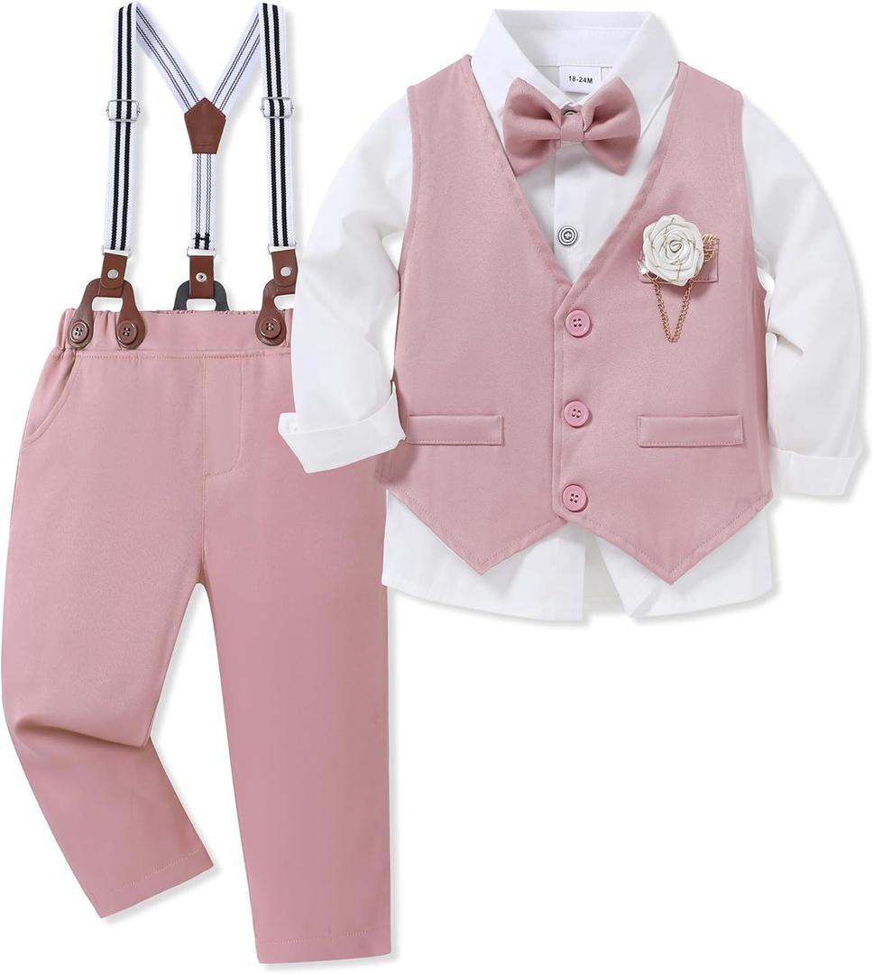 WESIDOM Toddler Boy Clothes Suit Formal Dress Shirt+Bowtie+Vest+Boutonniere+Suspender Pants Boys Gentleman Outfits Set, 4-5T