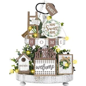 Set of 11 Summer Farmhouse Tiered Tray Decor Rustic Home Tiered Tray Decorations Set Wooden Signs Home This is Us Farmhouse Tabletop Wood Signs for Kitchen Table Shelf Decor