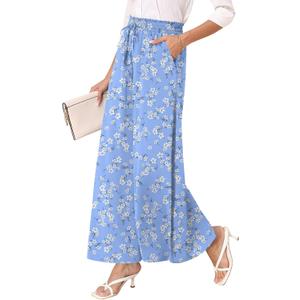 Women's Chiffon Dressy Pants High Waist Casual Wide Leg Palazzo Pants Loose Trousers with Pockets (Blue, XL)
