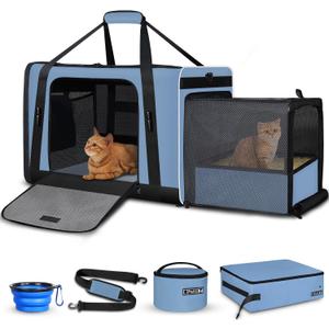 24"x17"x17" Petskd Side Expandable Extra Large Cat Carrier with Litter Box Area for Car Travel, Collapsible Soft Large Pet Carrier or 2 Cats Under 55LBS with Seat Belt Buckles(Blue)