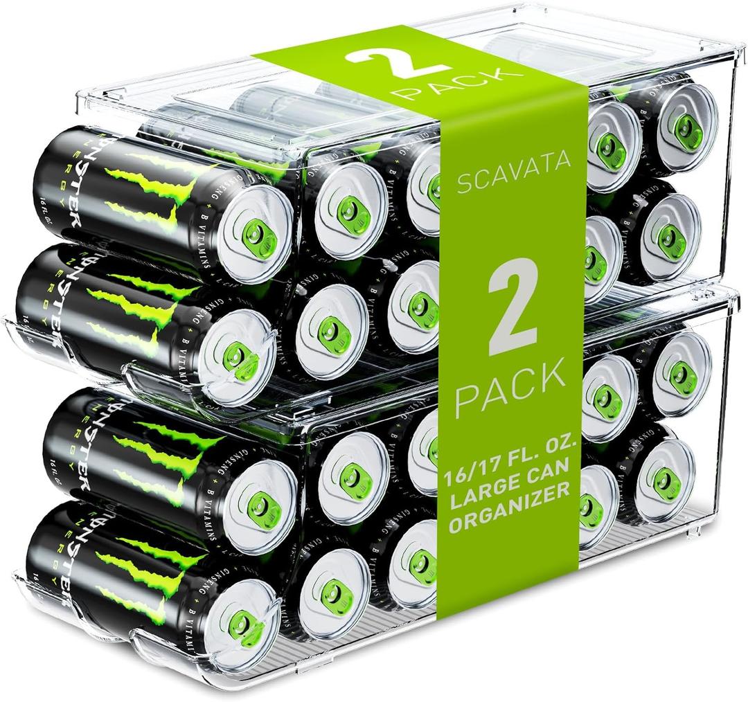 2 Pack Tall Skinny Can Organizer for Refrigerator, Stackable Large Soda Cans of 16oz & 17oz Beverage Energy Drink Container Holder Dispenser with Lid for Fridge, Clear Storage Plastic Bins