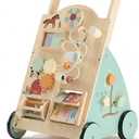 NEWBULIG Wooden Baby Walker for First Steps, Adjustable Speed Push Walker with Montessori Activity Center, Silent Universal Wheels Baby Walking Toys, Natural Wood